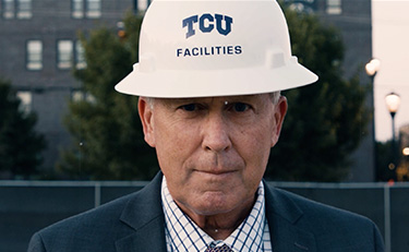 Dean Flynn, wearing a TCU Facilities hard hat